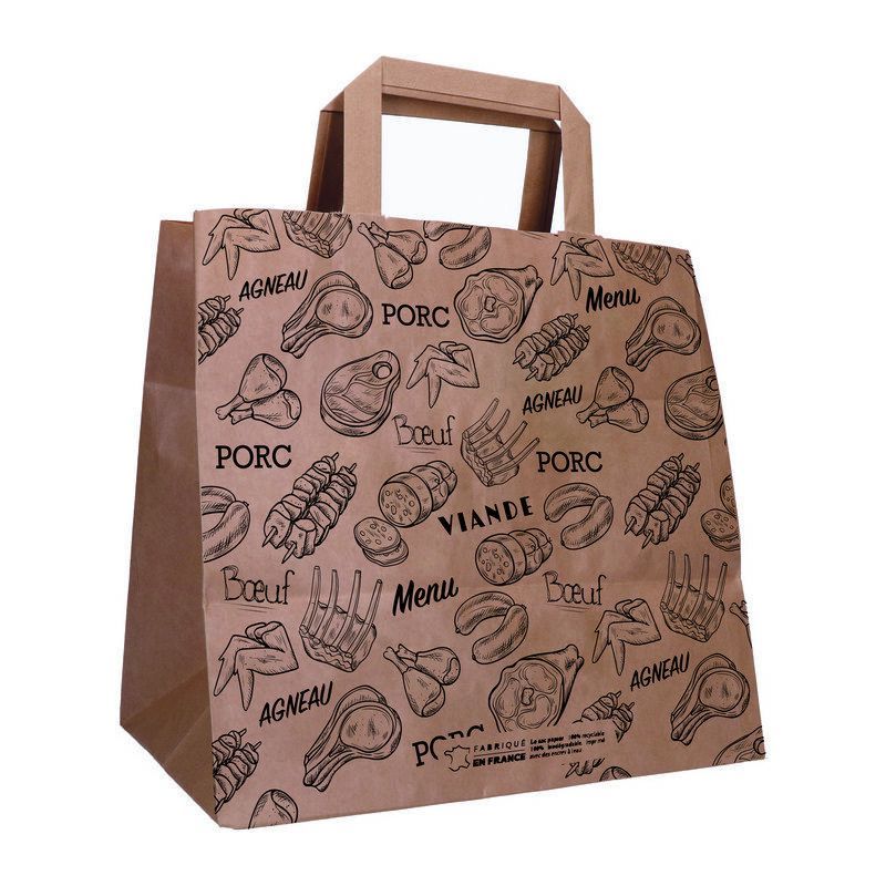 Sac boucher en papier kraft poignées plates - Motif Multiviandes