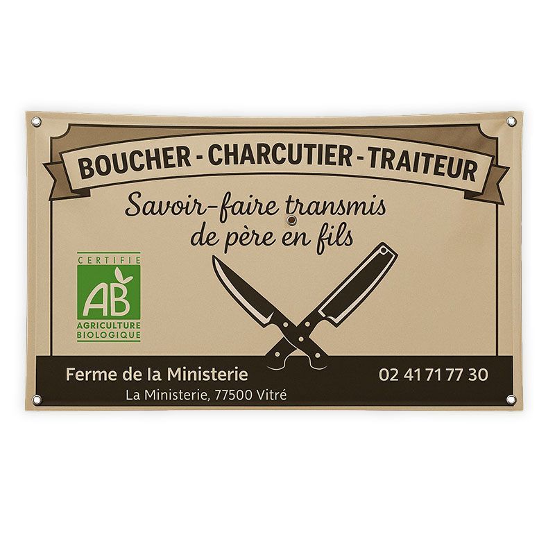 Bâche signalétique boucherie résistante simple avec œillets dans les coins - 340 g/m² | Proébo Bâche signalétique boucherie résistante simple avec œillets dans les coins - 340 g/m² | Proébo