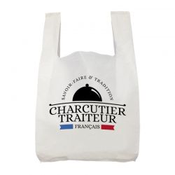Sac bretelle alimentaire boucherie blanc - 100% recyclé - Motif Charcutier traiteur