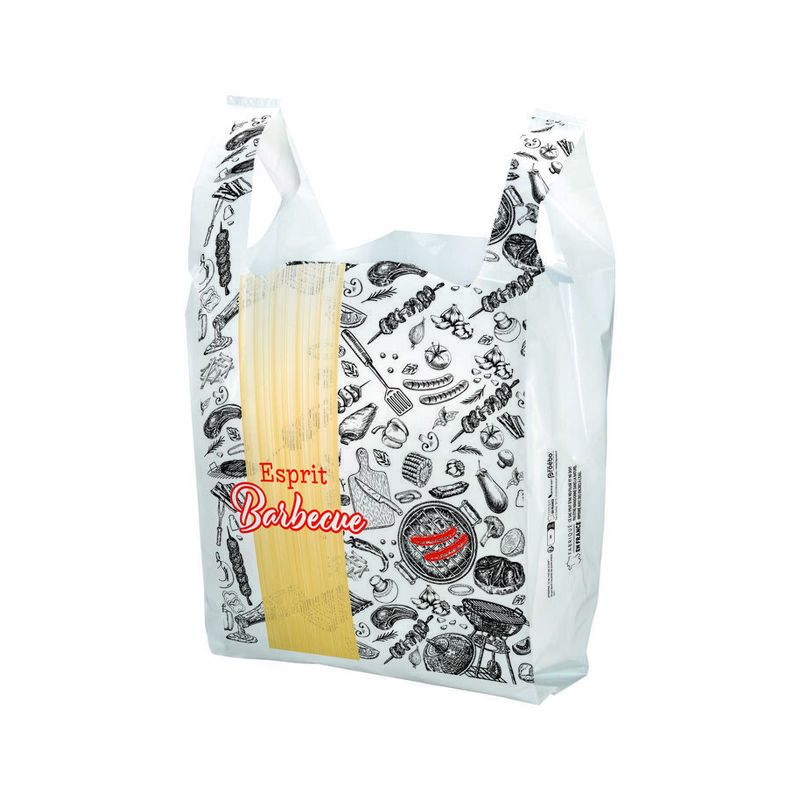 Sac bretelle alimentaire boucherie blanc - 100% recyclé - Motif barbecue festif