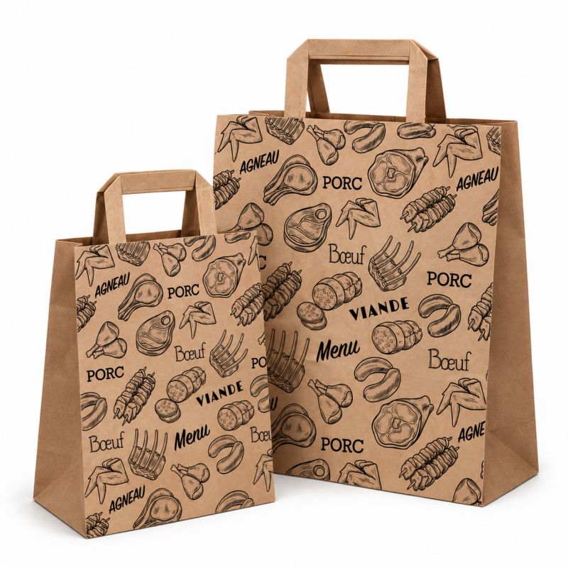 Sac cabas boucherie poignées plates - Motif Multiviandes