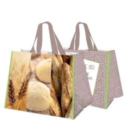 sac cabas polypropylène personnalisable pour boulangerie coloris taupe liseré vert