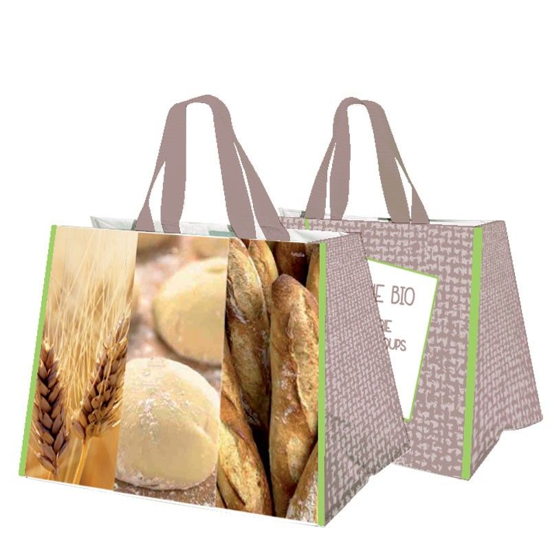 sac cabas polypropylène personnalisable pour boulangerie coloris taupe liseré vert sac cabas polypropylène personnalisable pour boulangerie coloris taupe liseré vert