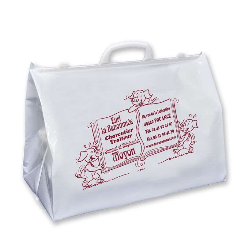 sac cabas de boucherie en plastique blanc personnalisable avec poignées rigides