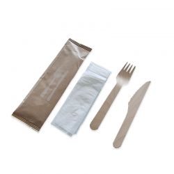 Couverts bois jetable avec serviette - Kit individuel | Proébo