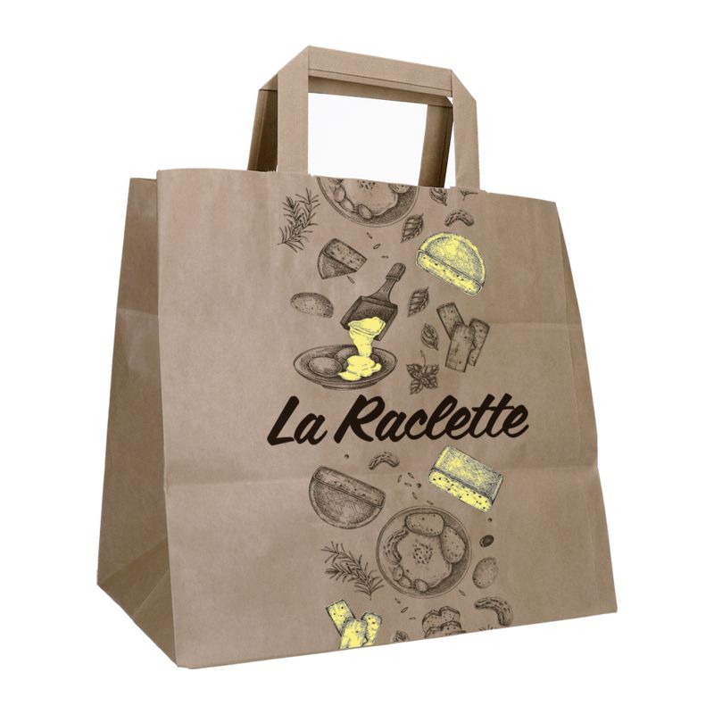 Sac papier kraft poignées plates pour fromager - motif raclette
