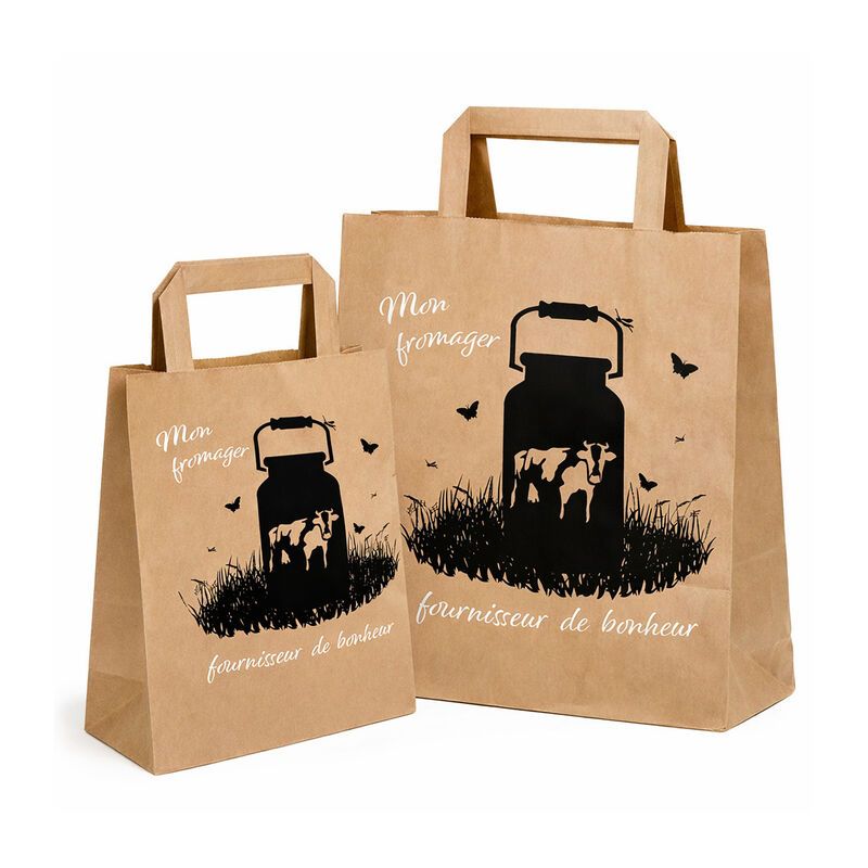 Sac papier kraft poignées plates pour fromager - motif Fromager bonheur Sac papier kraft poignées plates pour fromager - motif Fromager bonheur