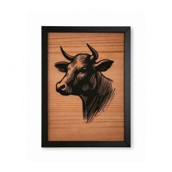 Tableau vache fond bois 30x40cm cadre evolution noir mat