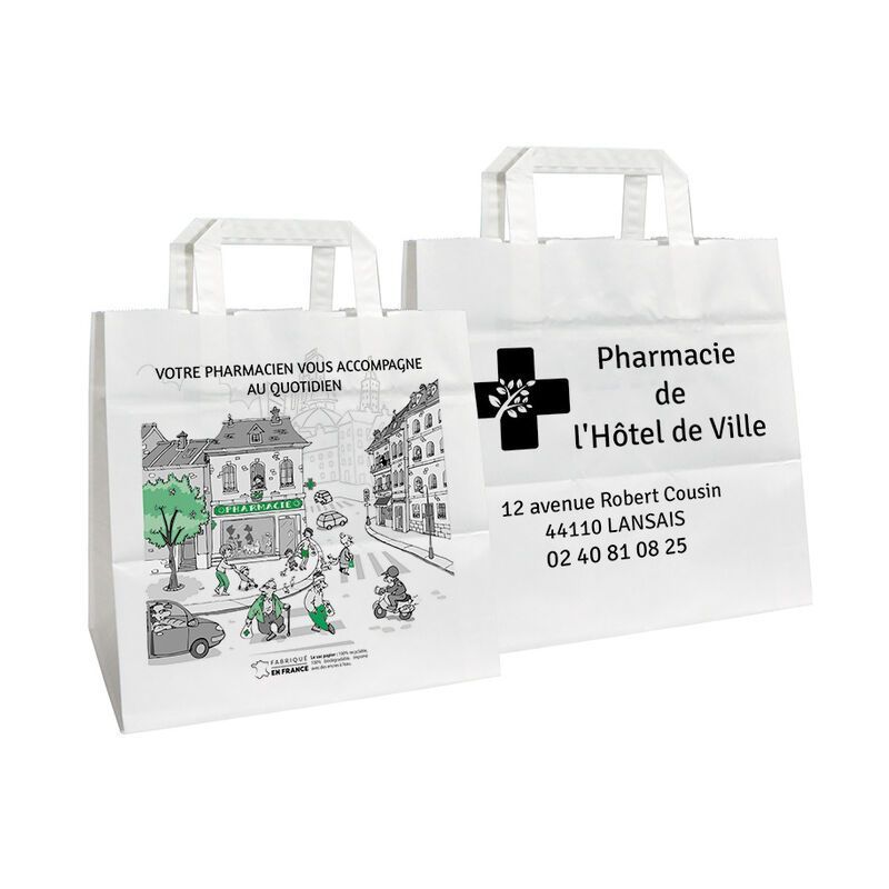 Sac à pharmacie personnalisable en kraft blanc motif pharmacity | Proébo Promoplast