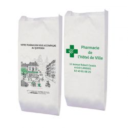 Sachet pharmacie personnalisé en papier kraft blanc - motif pharmacity | Proébo Promoplast