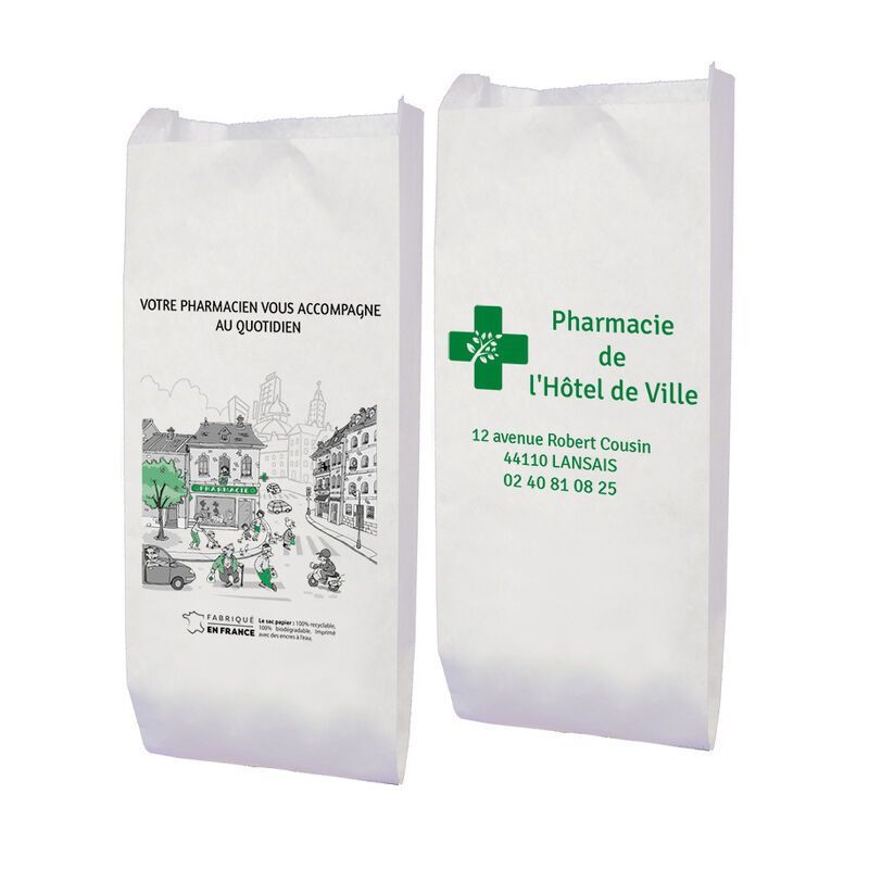 Sachet pharmacie personnalisé en papier kraft blanc - motif pharmacity | Proébo Promoplast