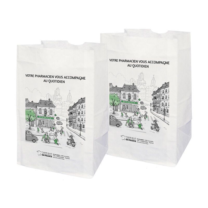 Sachet SOS papier pharmacie kraft blanc 18x12x29 cm - motif Pharmacity | Proébo Promoplast