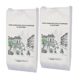 Sachet biodégradable kraft blanc 12x6x26 - motif Pharmacity | Proébo Promoplast
