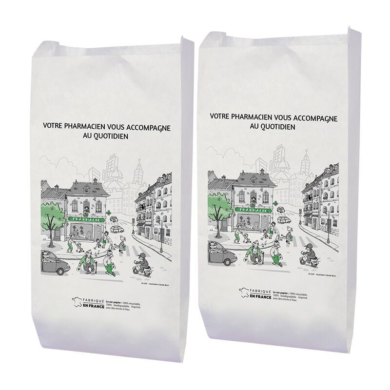 Sachet biodégradable kraft blanc 12x6x26 - motif Pharmacity | Proébo Promoplast