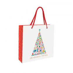 Sac parapharmacie - papier pellicule brillant avec poignée en cordelette rouge - motif Noël rouge