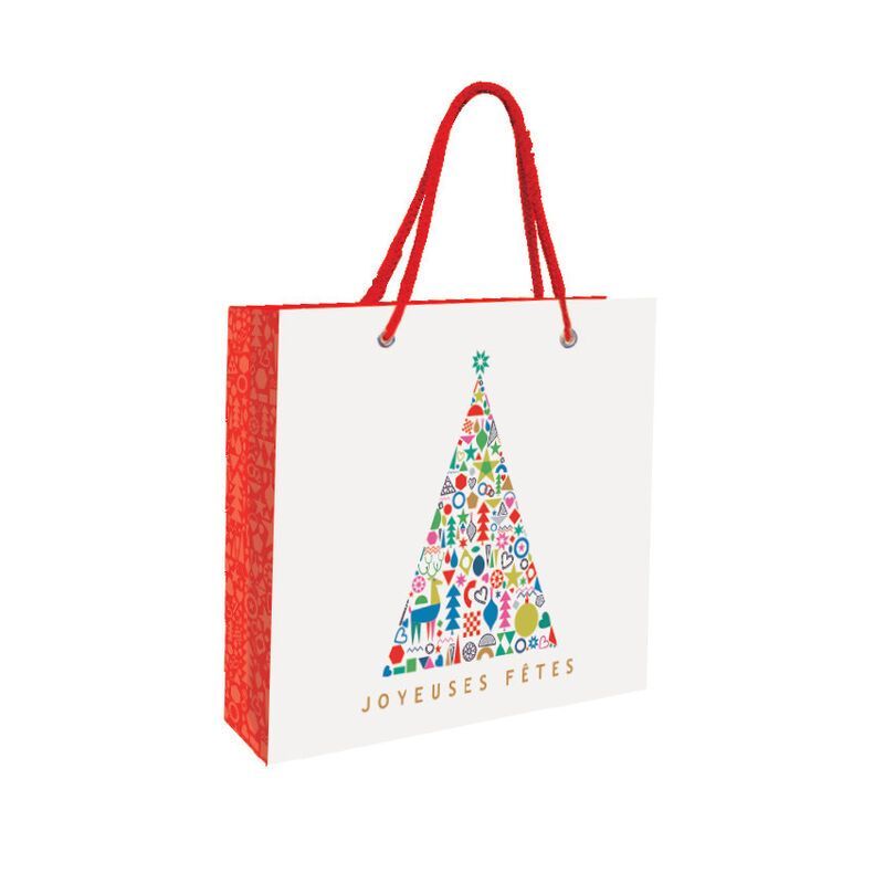 Sac parapharmacie - papier pellicule brillant avec poignée en cordelette rouge - motif Noël rouge