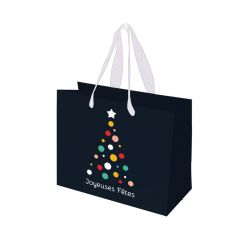 Sac parapharmacie - papier pelliculé brilant avec poignées en ruban blanc - motif Noël Bleu - 40+15x37+SF