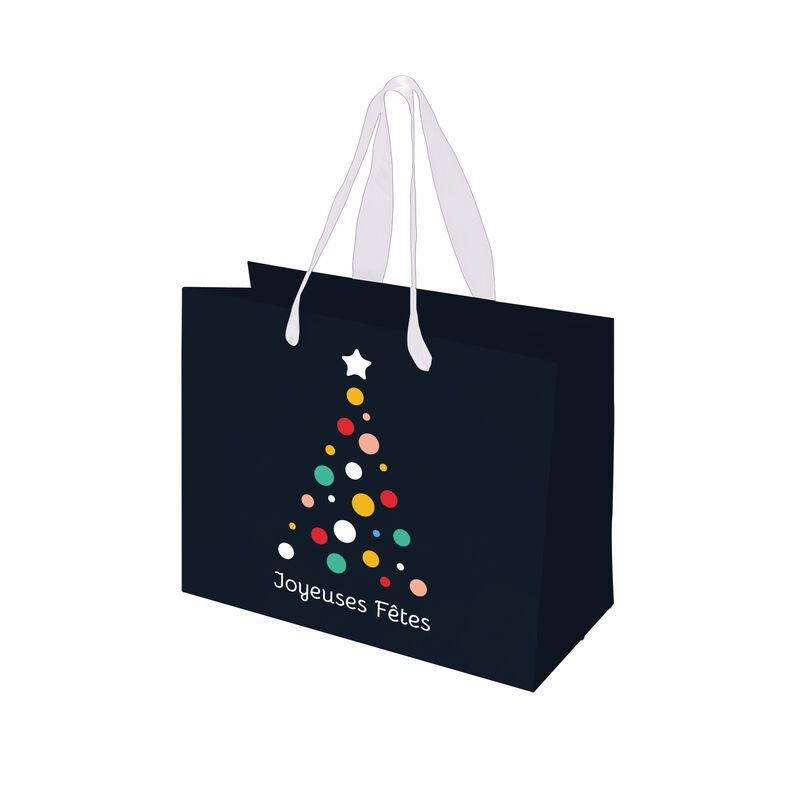 Sac parapharmacie - papier pelliculé brilant avec poignées en ruban blanc - motif Noël Bleu - 40+15x37+SF