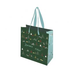 Sac parapharmacie - papier pellicule brillant avec poignée en ruban vert - motif Noël vert