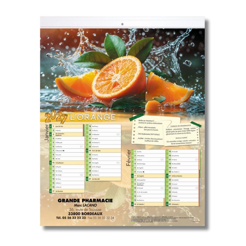 Calendrier 6 feuillets thermoformés - motif agrumes & bienfaits - 33x42 cm