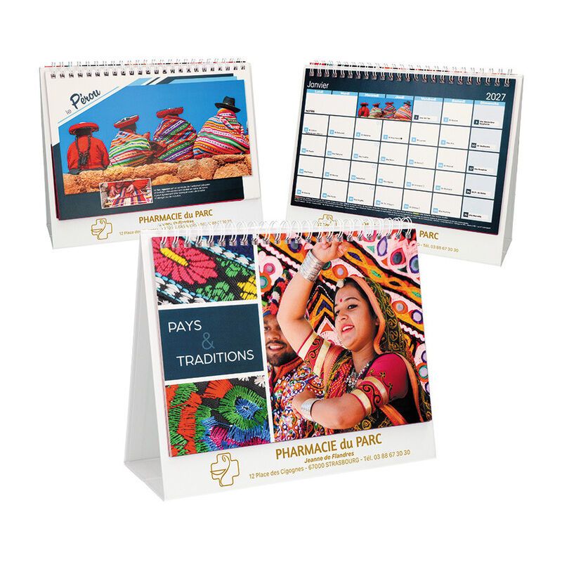 Calendrier chevalet spirales - motif pays et traditions - 18,5x22 cm