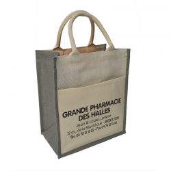 Sac toile jute 30+19x35+sf faces et pochette coton blanc