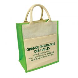 Sac toile jute 30+19x35+sf blanc - soufflets vert anis + pochette coton blanc