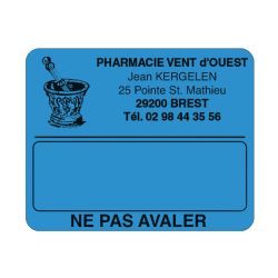 Étiquette pharmacie adhésive couleur bleue modèle A - 50x40 mm