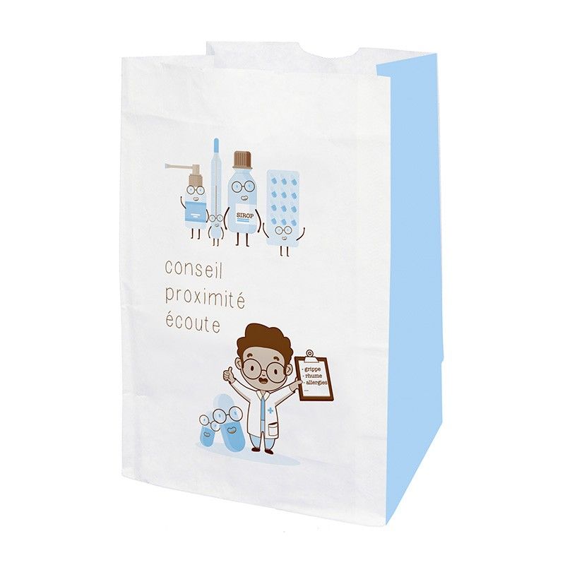 Sachet papier pharmacie kraft blanc - motif proximity - 18x12x29 cm Sachet papier pharmacie kraft blanc - motif proximity - 18x12x29 cm