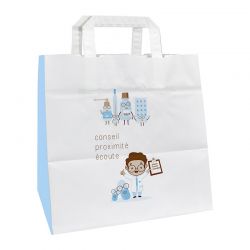 Sac papier pharmacie poignées plates kraft blanc - motif proximity - 26x18x25 cm