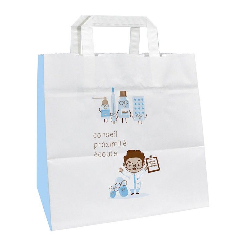 Sac papier pharmacie poignées plates kraft blanc - motif proximity - 26x18x25 cm Sac papier pharmacie poignées plates kraft blanc - motif proximity - 26x18x25 cm