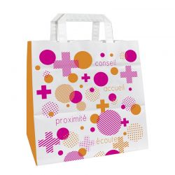 Sac papier pharmacie poignées plates kraft blanc - motif pharmabulle- 26x18x25 cm