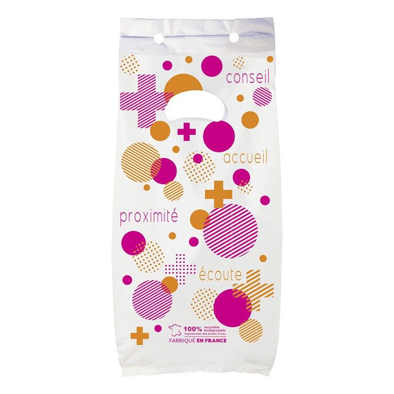 Sac plastique pharmacie liasse blanc - motif pharmabulle- 18x10x32 cm Sac plastique pharmacie liasse blanc - motif pharmabulle- 18x10x32 cm