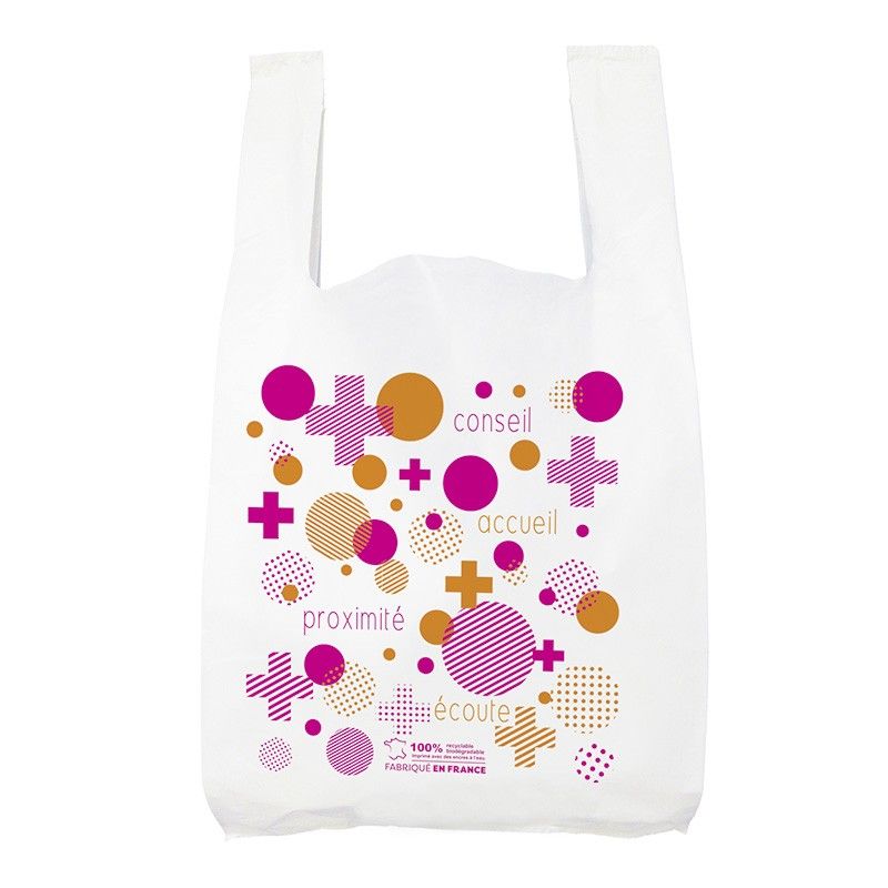 Sac plastique pharmacie bretelle blanc - motif pharmabulle- 40x20x65 cm Sac plastique pharmacie bretelle blanc - motif pharmabulle- 40x20x65 cm