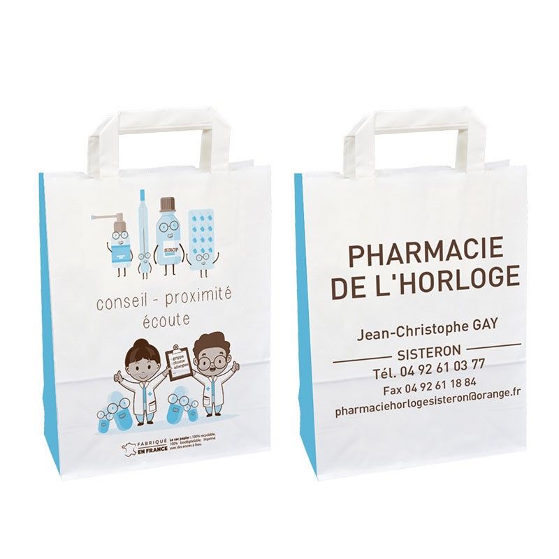 Sac papier pharmacie poignées plates personnalisable